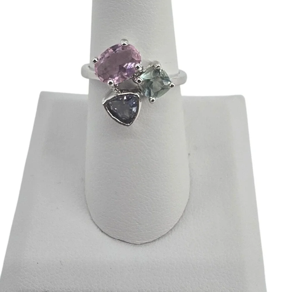 Ring Women 7.5 Multi Gemstone Cluster Silver Heart Trillion